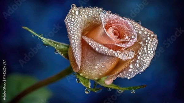 Obraz Single peach colored blossom glistens covered with myriad tiny water droplets against a dark background