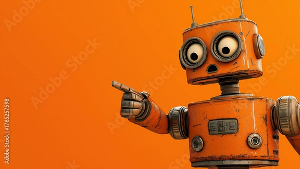 Fototapeta Surprised retro robot pointing a finger, copy space