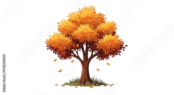 Fototapeta Vibrant Autumn Tree Displaying Deciduous Foliage with Falling Leaves in a Serene Landscape, Ideal for Seasonal Greetings and Educational Presentations, Featuring Warm Colors and Classic Style (198/200
