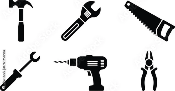 Fototapeta Collection of black silhouette hand tools including hammer saw wrench drill and pliers