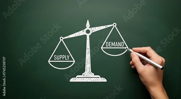Fototapeta Hand drawing a supply and demand balance scale on a green chalkboard surface