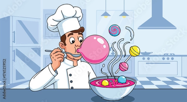 Fototapeta Cartoon Chef Blowing Giant Bubble While Tasting Sweet Mix