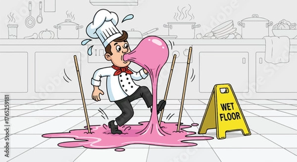 Fototapeta Cartoon Chef Stuck in Giant Bubblegum Spill Wet Floor