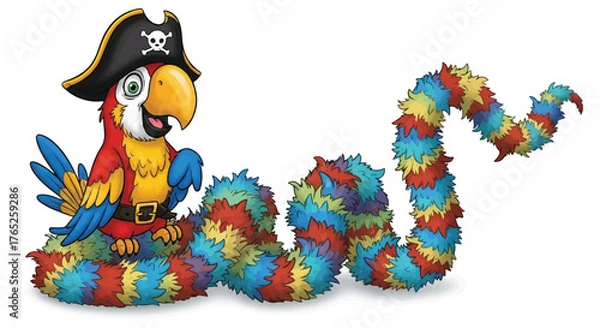 Fototapeta Cartoon Macaw Pirate with Shaggy Multicolored Worm Body