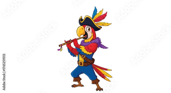 Obraz Cartoon Pirate Parrot Playing Flute on White Background