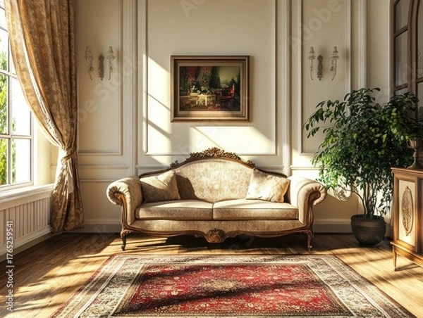 Obraz Luxurious, sun-drenched interior with antique sofa