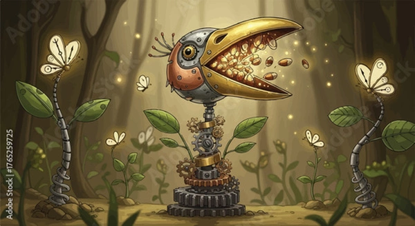 Fototapeta Clockwork Bird Sowing Mechanical Seeds Steampunk Fantasy