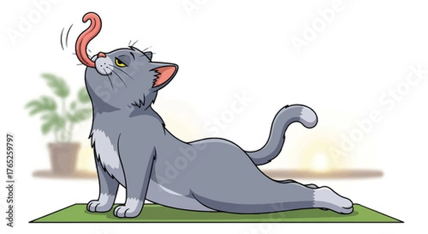 Fototapeta Comical Gray Cat Doing Intense Upward Facing Dog Lick