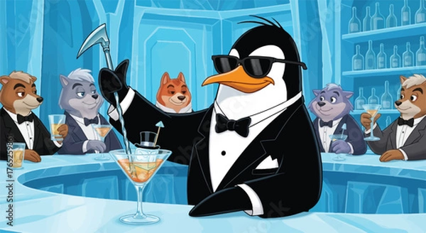 Fototapeta Cool Penguin Mixologist Serves Classy Animal Guests