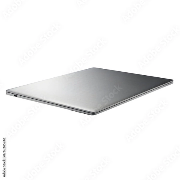 Fototapeta Sleek silver laptop, closed, isolated on transparent background, showcasing its minimalist design and portability