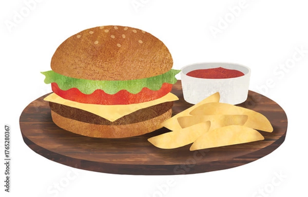 Fototapeta アメリカンなハンバーガーとポテト水彩