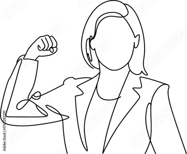 Fototapeta Strong businesswoman showing biceps muscle one continuous line drawing isolated on white background