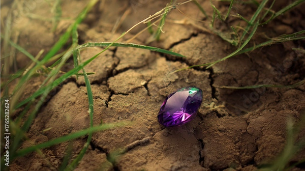 Fototapeta Gemstone on Earth's Embrace: A radiant gemstone rests gently on the rough, textured earth. It captures the play of light with alluring brilliance and mystery. 