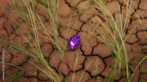 Fototapeta The Jewel's Earthly Embrace: An exquisite, violet gem rests amidst a textured, earthy terrain, interwoven with delicate blades of grass, creating a captivating contrast of the natural and the refined.