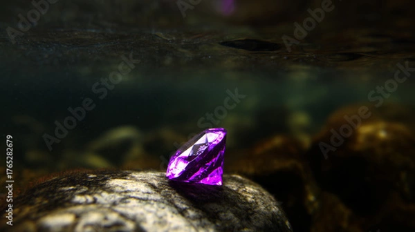 Fototapeta Sparkling Gem Underwater: The mesmerizing sparkle of a vibrant, faceted gem beneath the tranquil surface of a clear river. Capturing the allure and intrigue of hidden treasure.
