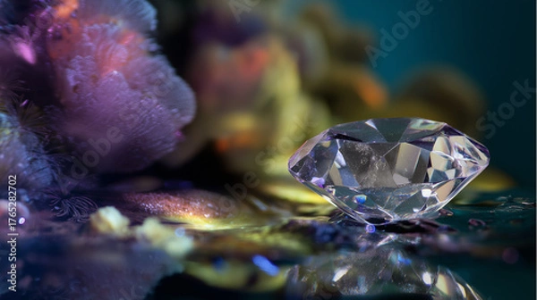 Fototapeta Sparkling Diamond: A brilliant cut diamond rests, catching the light and displaying its facets. Reflections of a vibrant colored background.