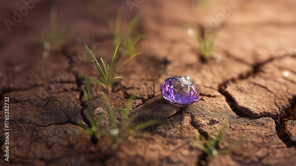 Fototapeta Gem in the Earth: A shimmering, precious gem rests upon cracked earth, with new life around it, capturing a moment of raw elegance and the promise of renewal.