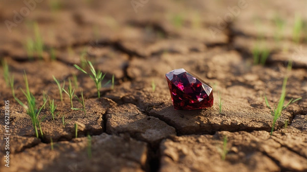 Fototapeta Radiant Jewel Amidst Aridity: A solitary, radiant gemstone stands out amidst the parched and cracked earth, symbolizing resilience and the allure of hidden treasures.