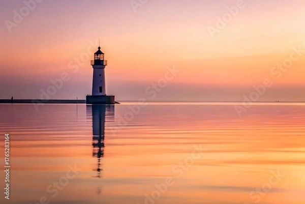Fototapeta Serene lighthouse silhouette reflected in calm water during a vibrant sunset sky