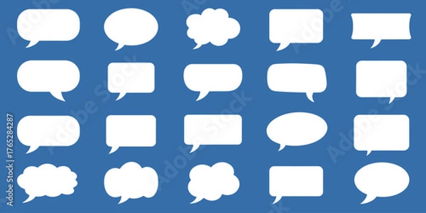 Fototapeta Collection of white speech bubbles of different shapes on a blue background pattern