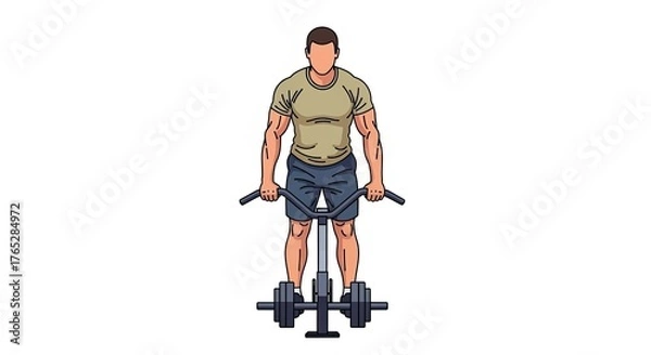 Fototapeta Muscular Man Performing Standing Shrugs with Trap Bar for Shoulder and Upper Back Strength.