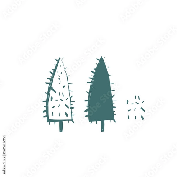 Fototapeta Hand drawn scandinavian christmas trees in simple folk minimal style for modern decor and holiday design projects