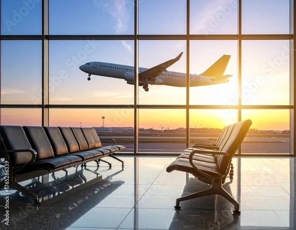 Fototapeta 夕日で輝くスタイリッシュな空港のロビー