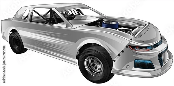 Fototapeta Grey and painted racing car. Isolated in a white background, for t-shirt design, print. and for business purposes.