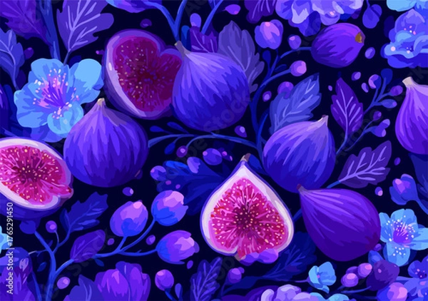 Obraz 보라색 무화과와 꽃이 어우러진 아름다운 벡터 패턴으로, 자연의 섬세한 아름다움을 표현했습니다.