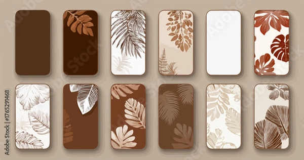 Obraz 다양한 갈색 톤의 나뭇잎 디자인이 특징인 세련되고 미니멀한 모바일 배경 화면 벡터 세트입니다.