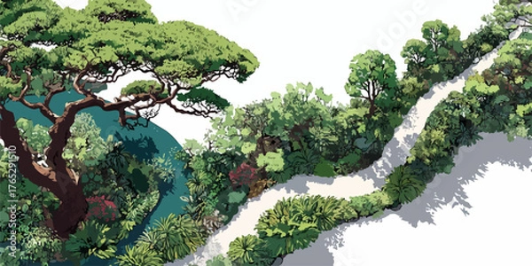 Obraz 푸른 나무와 숲길이 어우러진 아름다운 벡터 일러스트레이션으로, 자연의 평화로움과 생동감을 느낄 수 있습니다.