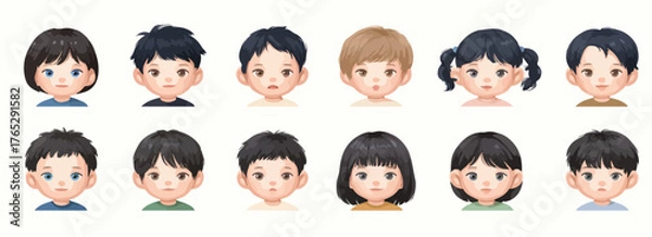 Obraz 다양한 헤어스타일을 가진 귀여운 아이들의 얼굴 벡터 일러스트레이션으로, 긍정적이고 밝은 분위기를 연출합니다.