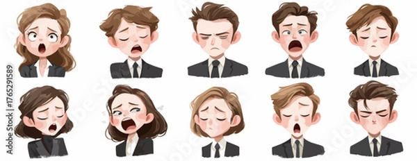 Obraz 다양한 감정을 표현하는 여러 명의 캐릭터 일러스트레이션으로, 벡터 형식으로 제작되어 디자인 작업에 활용하기 좋습니다.