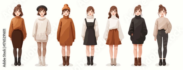 Obraz 다양한 스타일의 여성 의류를 입은 만화 캐릭터들의 벡터 일러스트레이션으로, 패션과 스타일을 보여줍니다.