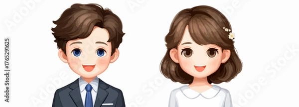Obraz 사랑스러운 스타일의 신랑 신부 캐릭터 일러스트로, 웨딩 테마 디자인이나 커플 관련 콘텐츠에 활용하기 좋습니다.