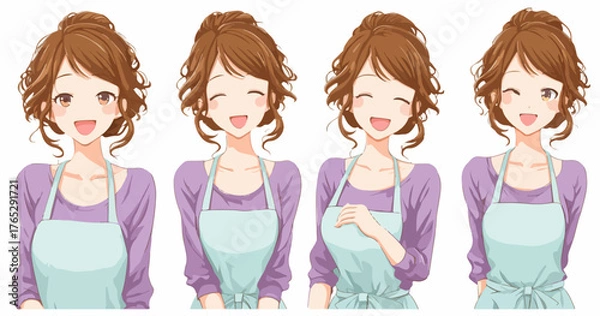 Obraz 사랑스러운 미소를 짓는 앞치마를 입은 여성의 다양한 표정과 포즈를 보여주는 벡터 일러스트레이션입니다.