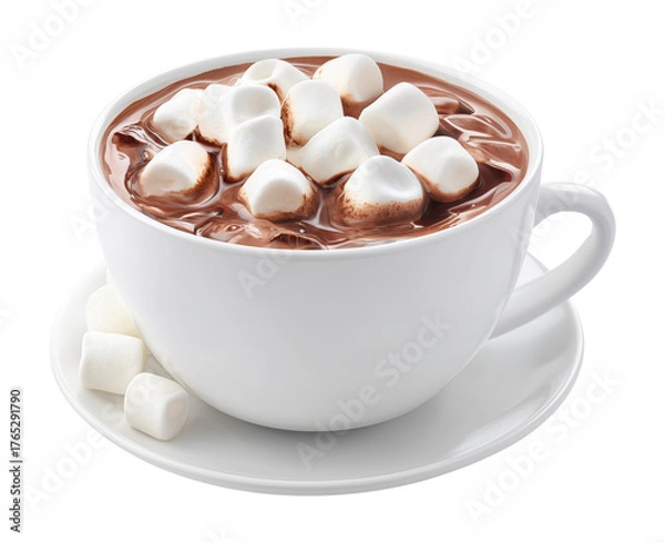 Fototapeta Hot chocolate drink topped with marshmallows in white cup and saucer, isolated on transparent background