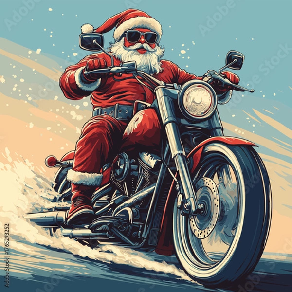 Fototapeta Santa Claus drives a motorcycle chopper on Christmas Day.   , vector style simple color