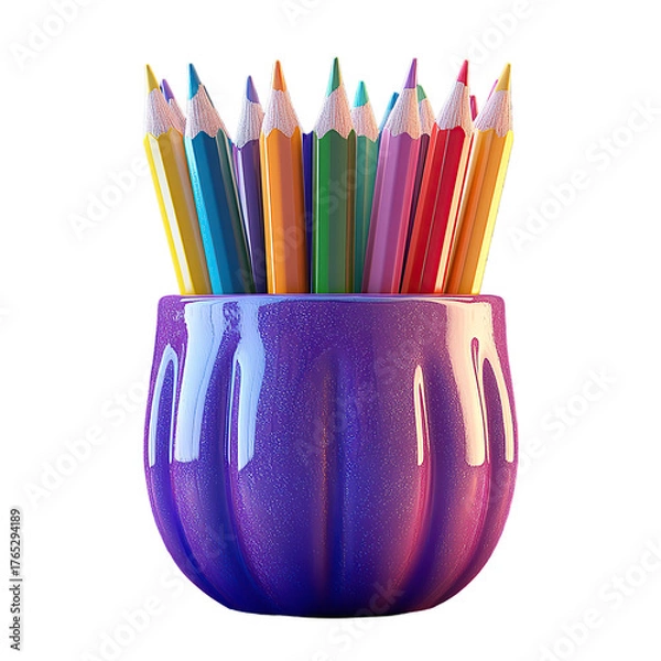 Fototapeta A vibrant collection of sharpened colored pencils in a sparkling purple holder.