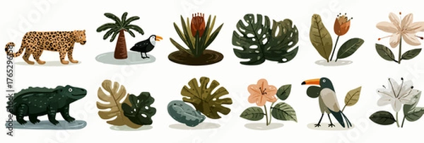 Fototapeta A collection of colorful jungle elements including animals and tropical plants in a flat design style.