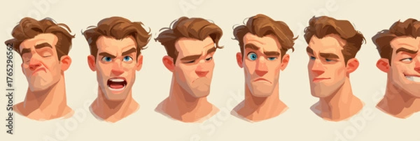 Fototapeta A stylized illustration showcasing a male character's diverse facial expressions and emotions.