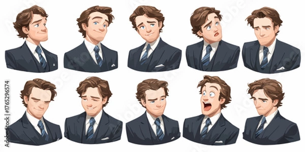 Fototapeta A collection of diverse facial expressions from a stylized businessman in a suit, conveying various emotions and attitudes.