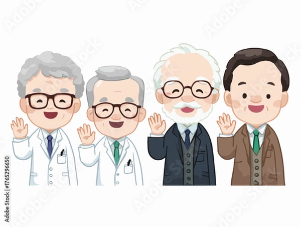 Fototapeta Four distinguished scientists in lab coats and suits wave hello with cheerful expressions.