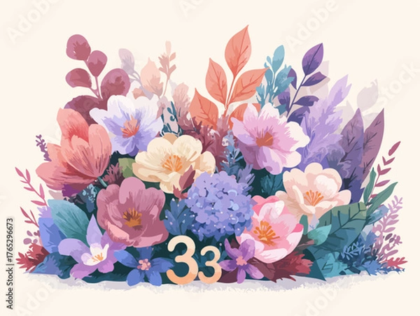 Fototapeta A beautiful vector illustration of a diverse floral arrangement with the number 33 prominently displayed.