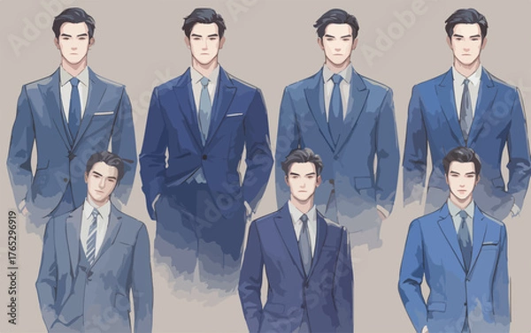 Fototapeta A collection of stylish men's suits in various shades of blue, showcasing different cuts and designs.