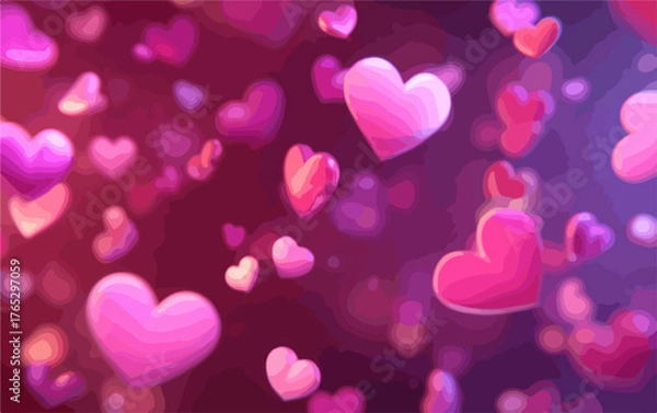Fototapeta Abstract background with floating pink and purple hearts, perfect for romance and celebration themes.
