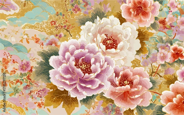 Fototapeta Elegant floral pattern with blooming peonies and delicate foliage in soft pastel hues.