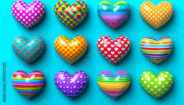 Fototapeta A vibrant collection of colorful, patterned heart shapes arranged in a grid on a bright blue background.