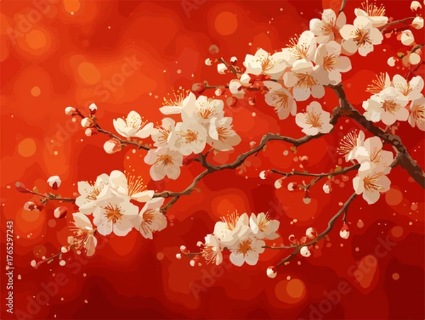 Fototapeta Delicate white plum blossoms bloom vibrantly against a warm, glowing red background.