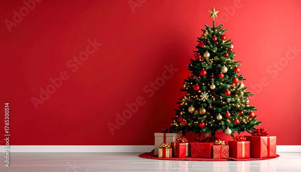 Fototapeta 赤い背景に映えるクリスマスツリーとプレゼント／赤と金のオーナメントが輝くホリデーシーン